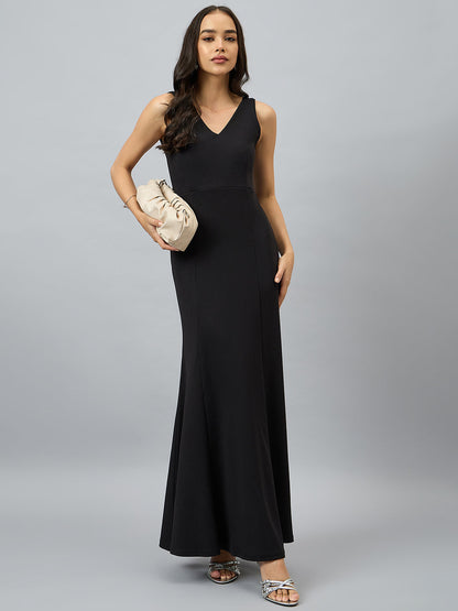 Solid Sleeveless V Neck Maxi Gown