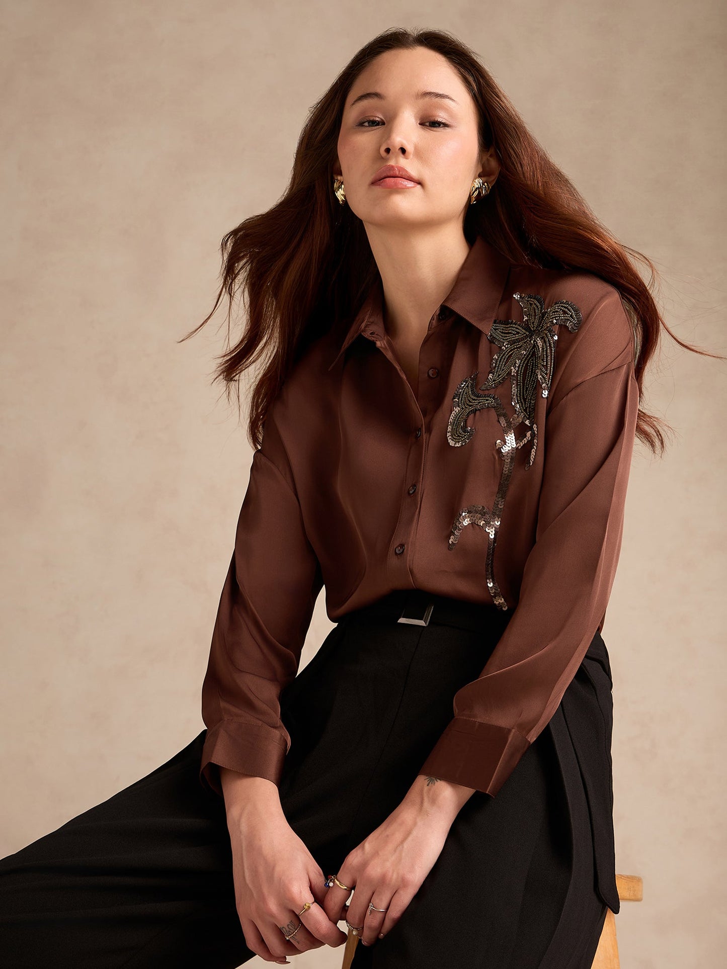 Brown Oversized Embroidered Satin Shirt