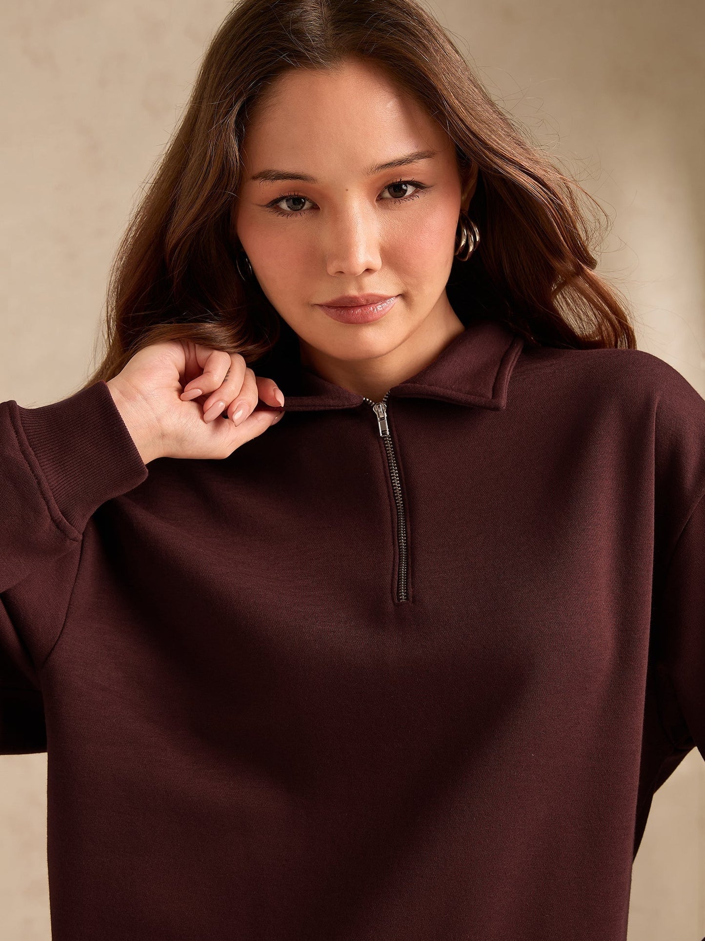 Brown Plush Russian Fleece Zip-Up Sweatshirt