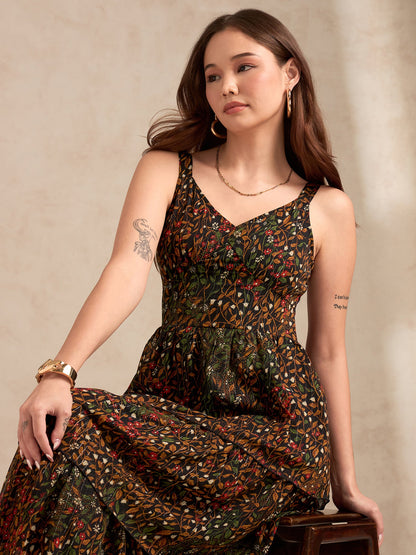 Multi Maxi Printed Tired Dress With Backless Look
