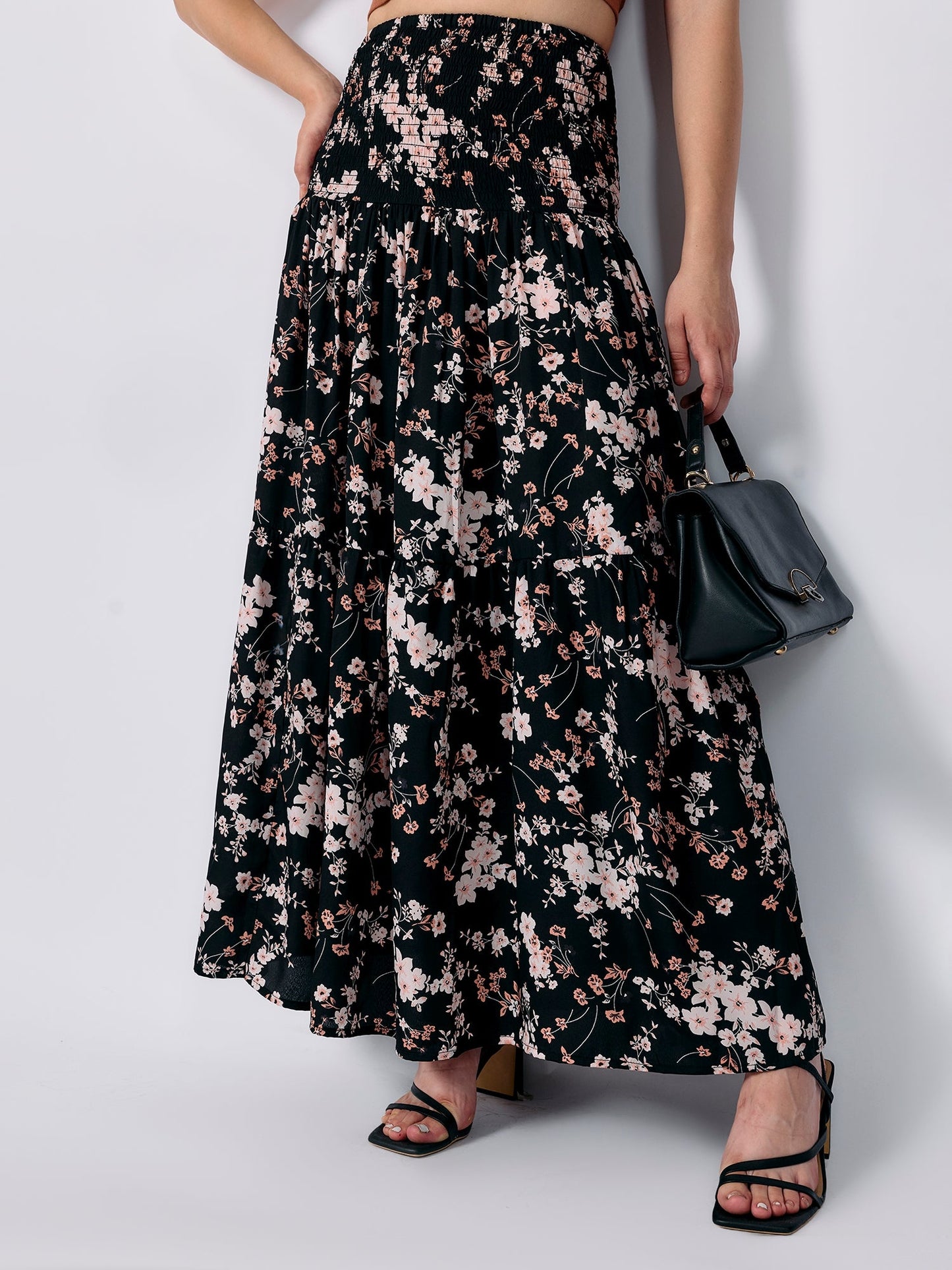Black Three Tired Midi Skirt Printed