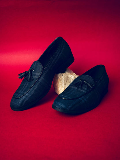 Raro Plaid Fabric Tassel Slip-Ons - Blue