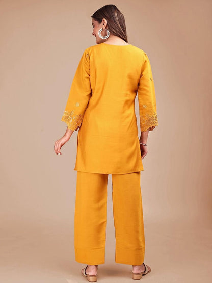 Embroidered Linen V-Neck Top With Trousers Co-Ords