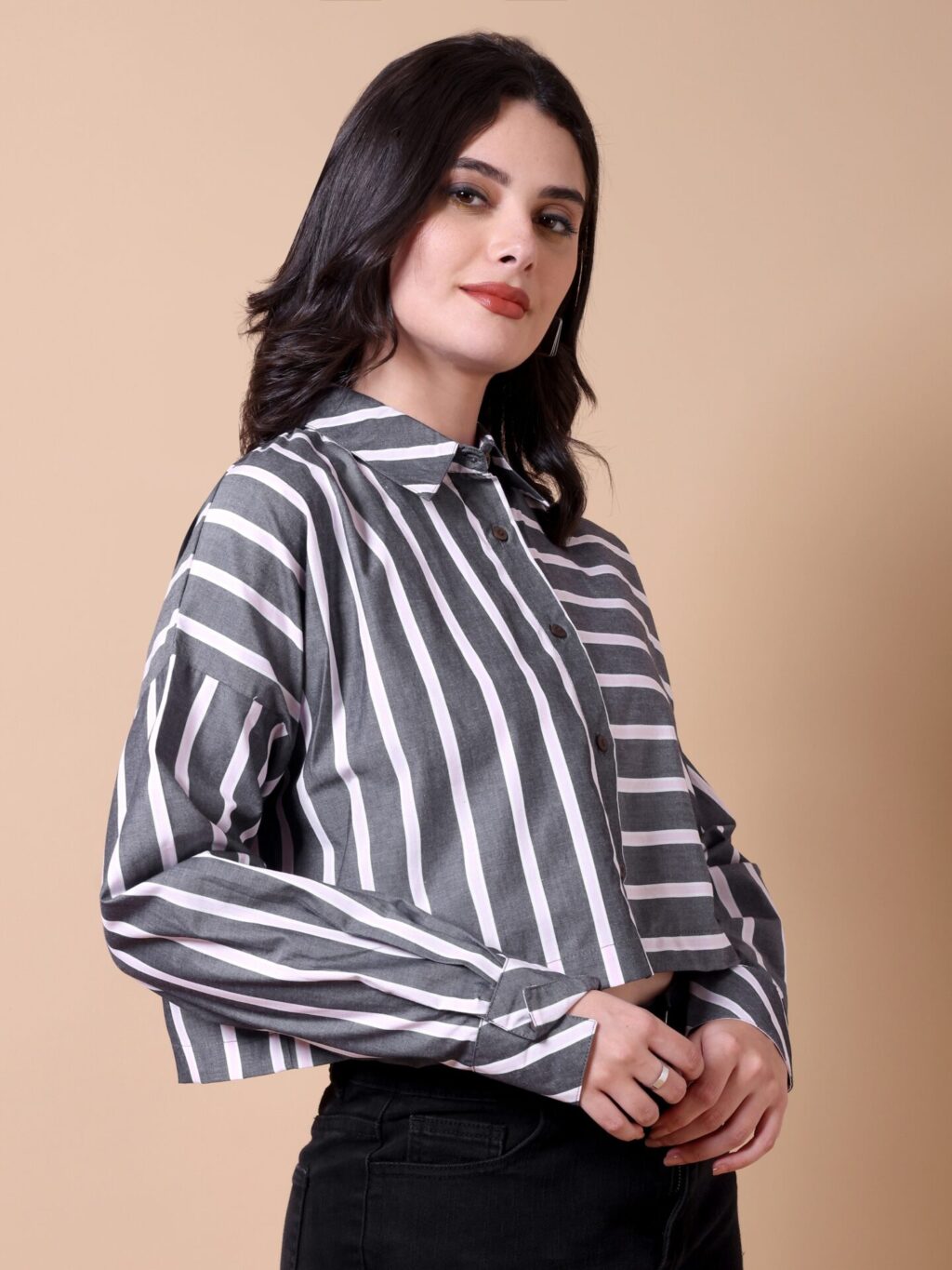 Striped Cotton Cropped Shirt | Light Pink Stripped, Grey