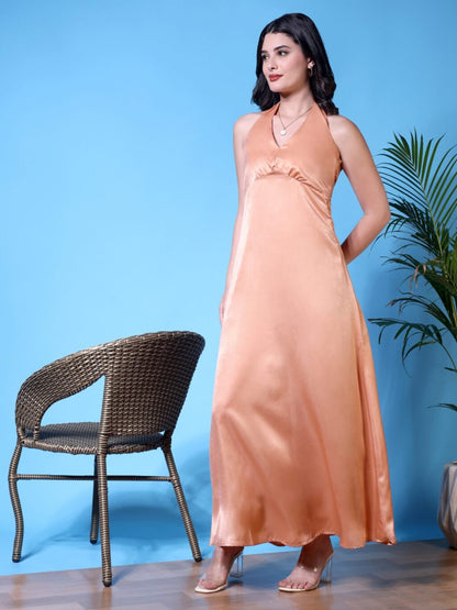Halter Neck Velvet Maxi Dress | Peach