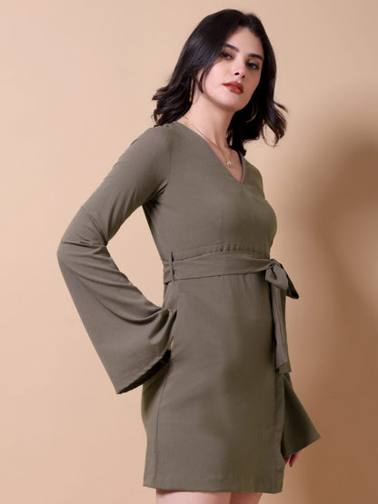 Bell Sleeve Fit and Flare Mini Dress | Brown