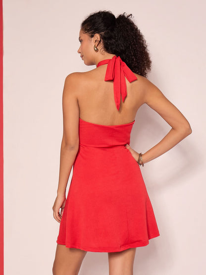 Stretchable Halter Neck Mini Skater Dress
