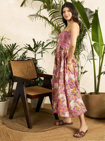 Smocked Strappy Cotton Midi Dress