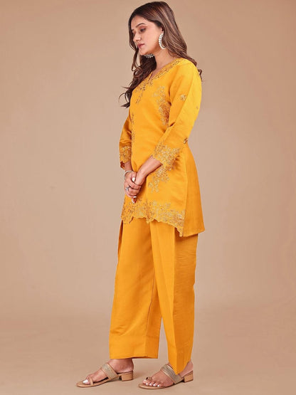 Embroidered Linen V-Neck Top With Trousers Co-Ords