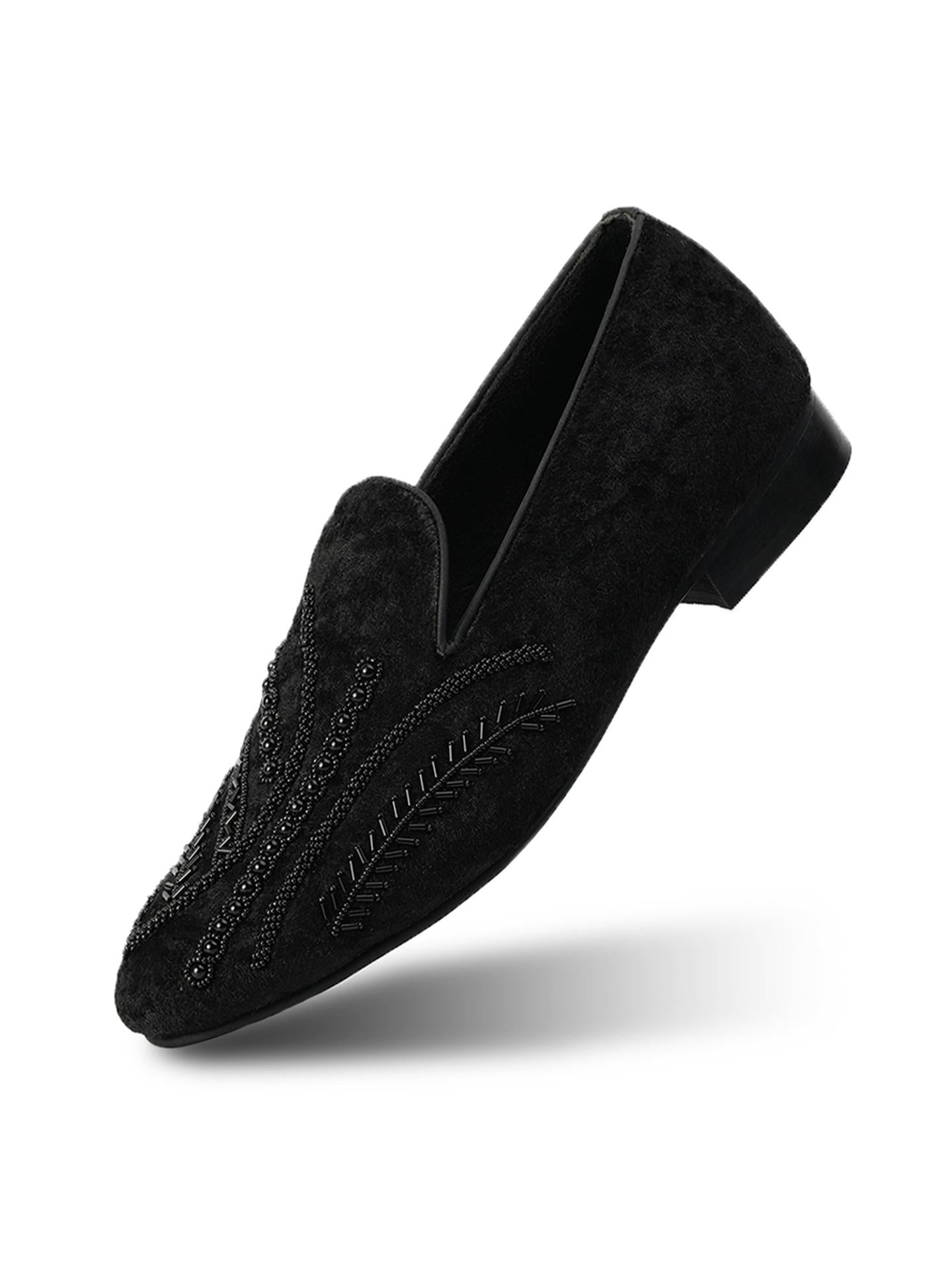 Monkstory Hand-Embroidered Embellished Slip-Ons - Black