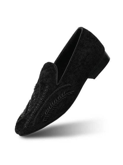 Monkstory Hand-Embroidered Embellished Slip-Ons - Black