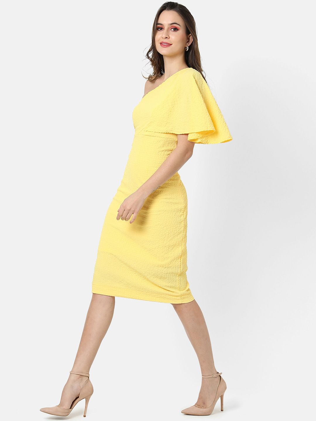 Yellow One Shoulder Crepe Bodycon Dress