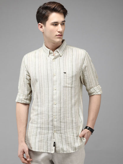 Men Cotton Linen Button-Down Collar Slim Fit Striped Casual Shirt