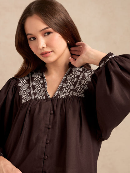 Brown Embroidered Long Sleeves Blouse