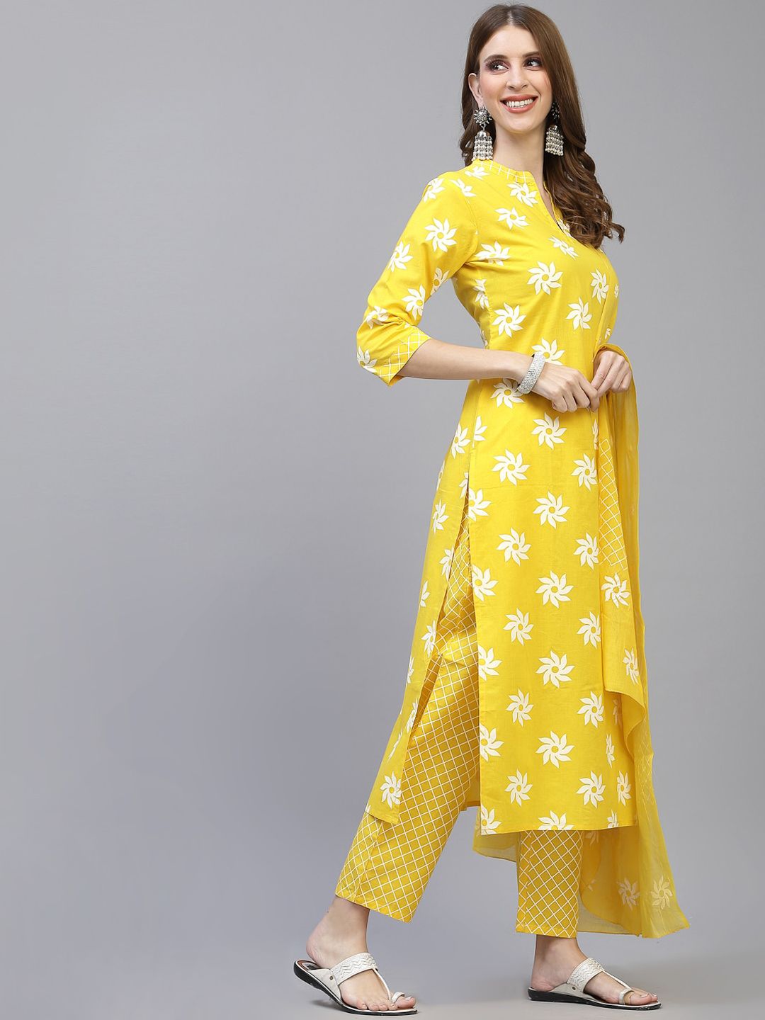 Women Yellow Straight Pure Cotton Kurta with Trousers & Dupatta