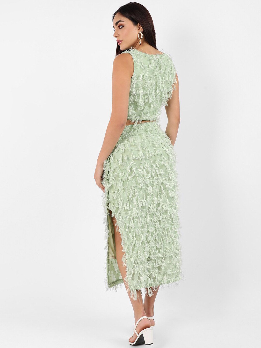 Sea Green Self-Design Crop Top With Midi Skirt