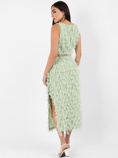 Sea Green Self-Design Crop Top With Midi Skirt