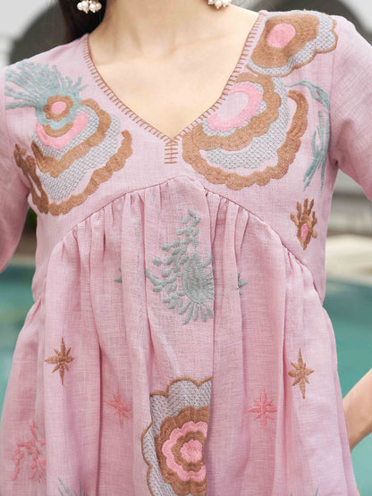 Embroidered V-Neck Three-Quarter Sleeves Linen Tunic With Trouser