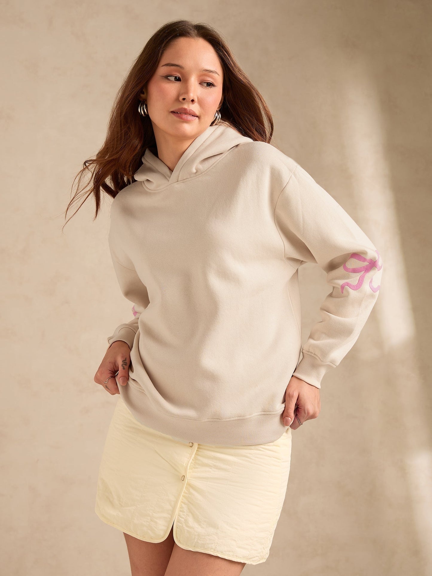 Cream Pastel Bow Detail Russian Fleece Hooded Sweatshirt
