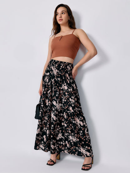 Black Three Tired Midi Skirt Printed