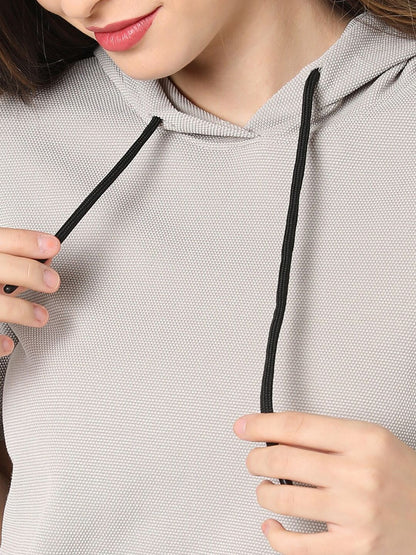 Women Grey Solid Hooded T-Shirt with Trousers
