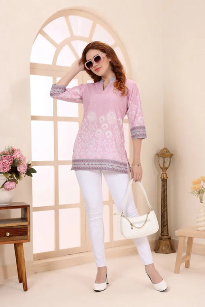 Pinky Pink Cotton Short Kurti Tunic Top with Floral Print for Women