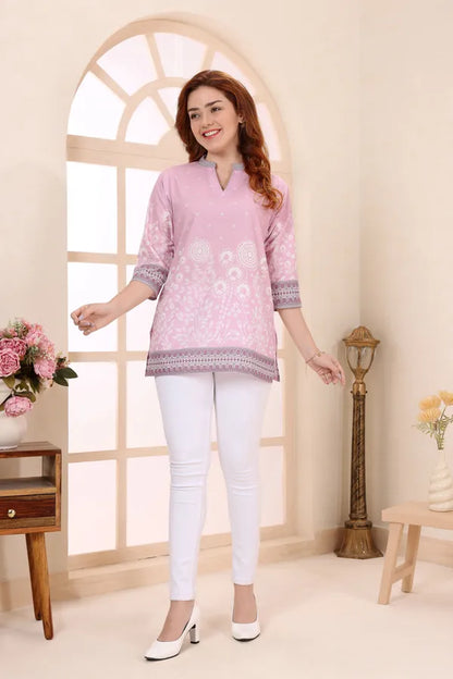 Pinky Pink Cotton Short Kurti Tunic Top with Floral Print for Women