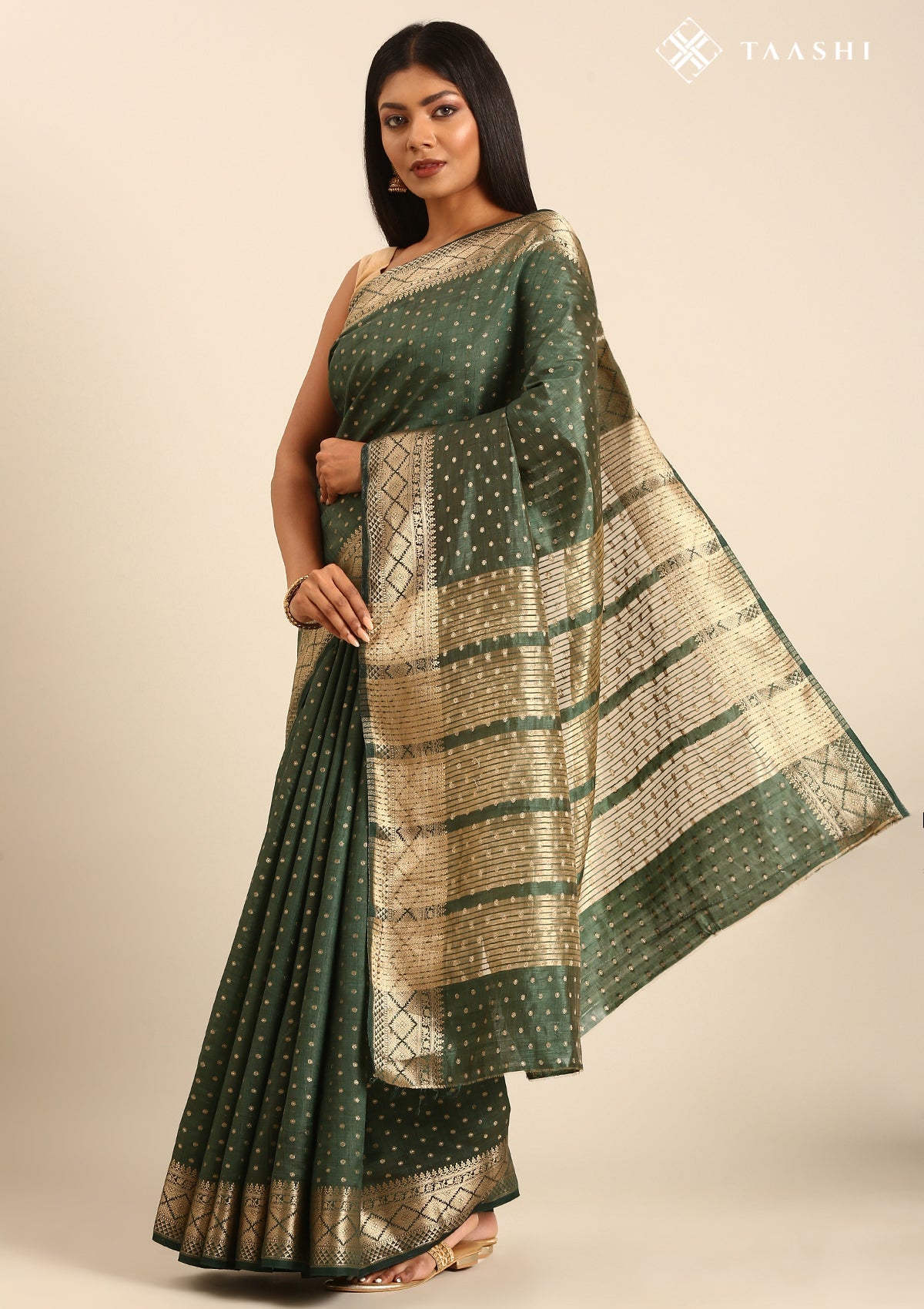 Dark Green Traditional Zari Butta Woven Tussar Saree