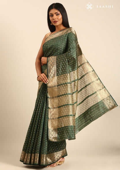 Dark Green Traditional Zari Butta Woven Tussar Saree