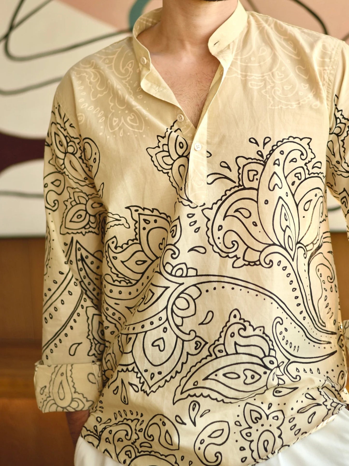 Beige Black Paisley Short Kurta