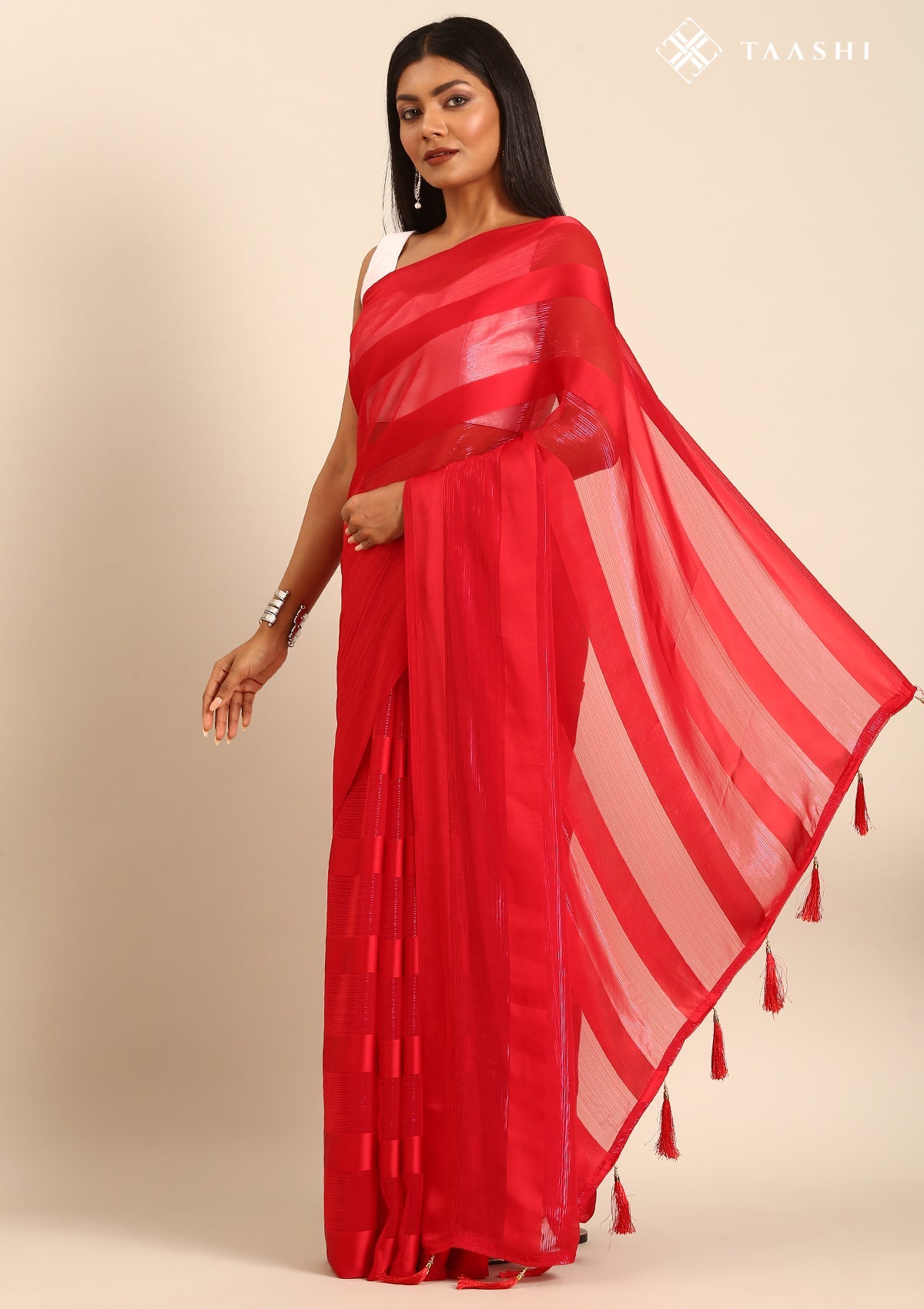 Red Striped Chiffon Saree