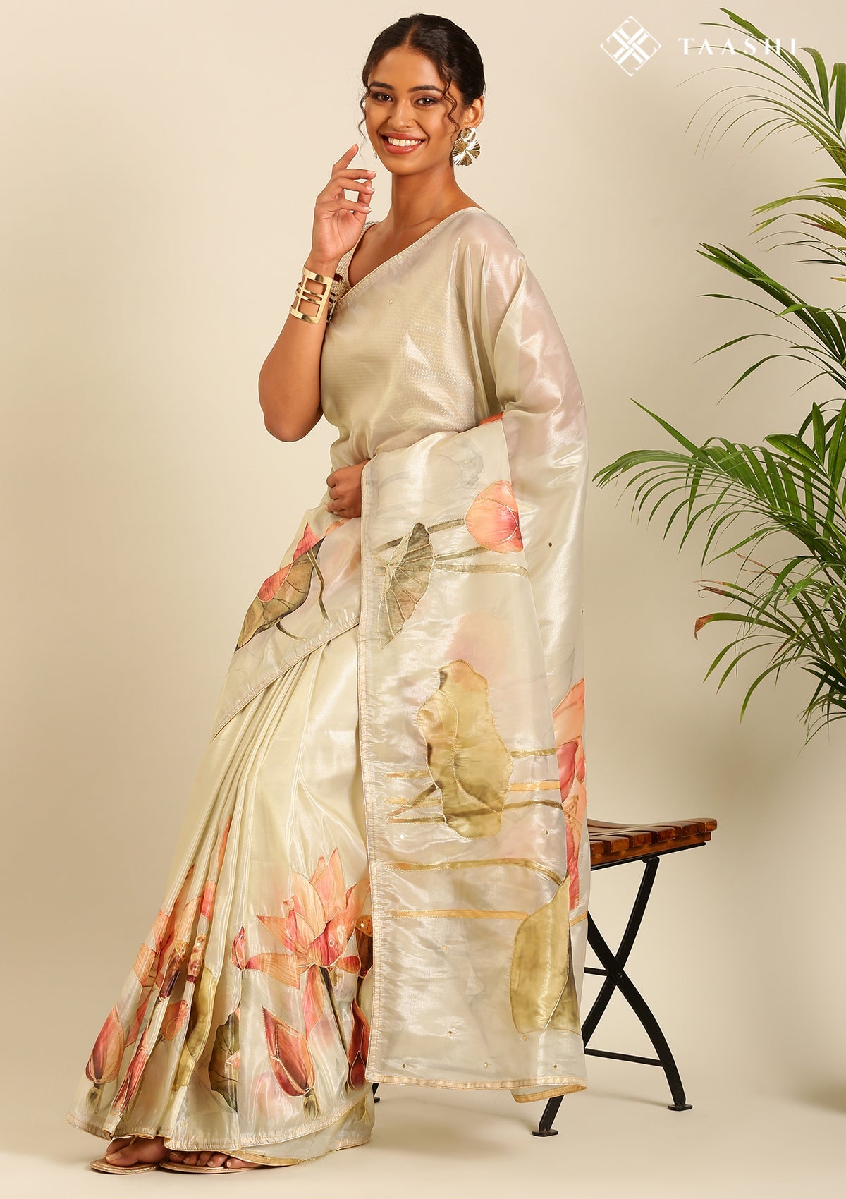 Metallic Sage Green Printed And EmbroideRed Organza Saree
