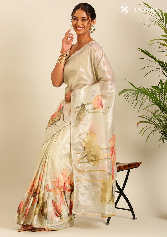 Metallic Sage Green Printed And EmbroideRed Organza Saree