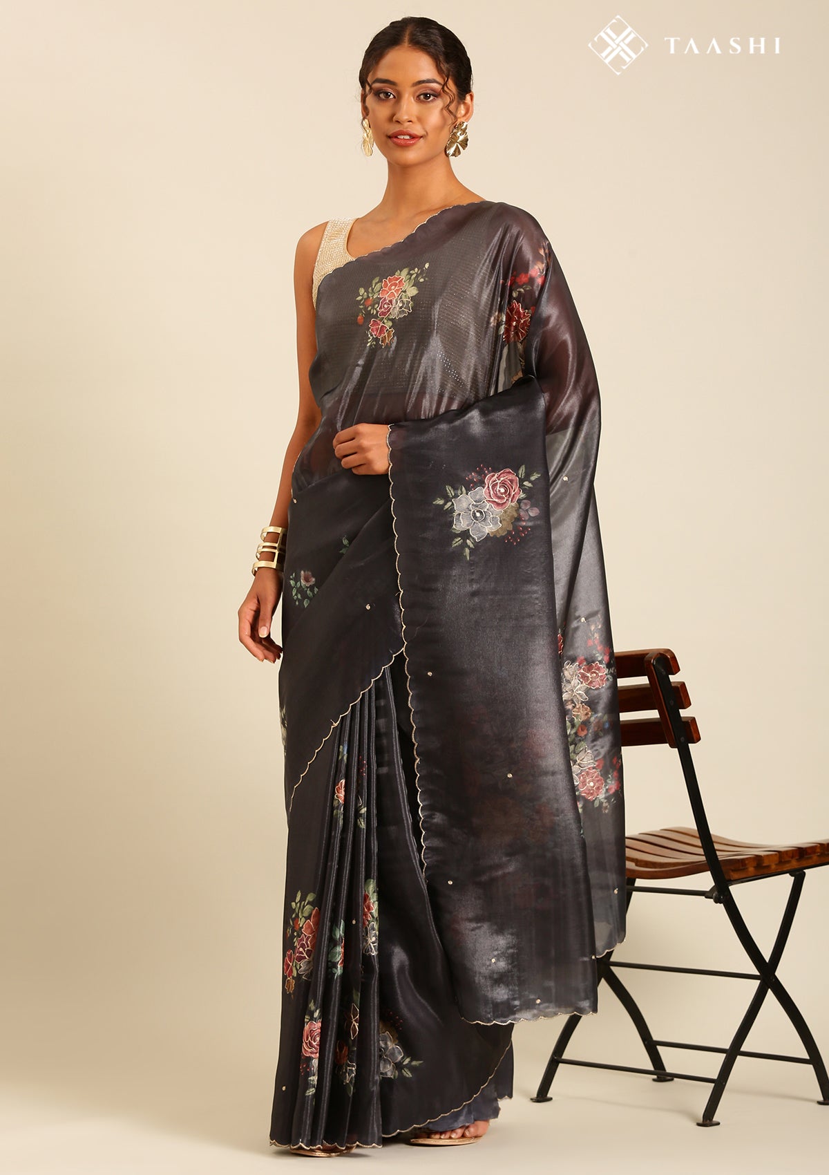 Metallic Charcoal Printed And EmbroideRed Organza Saree