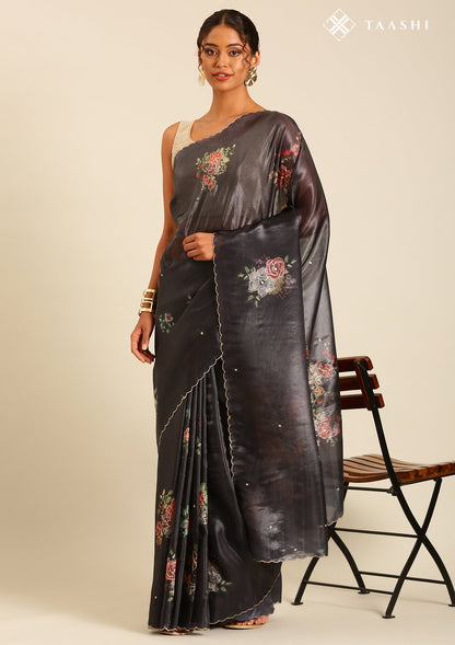 Metallic Charcoal Printed And EmbroideRed Organza Saree
