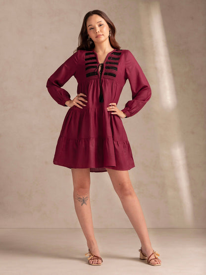Wine Relaxed Fit Flared Dress With Embroidered On Yoke