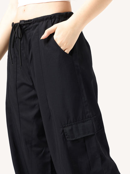 Black Cargo Pockets Drawstring Wid Leg Trouser