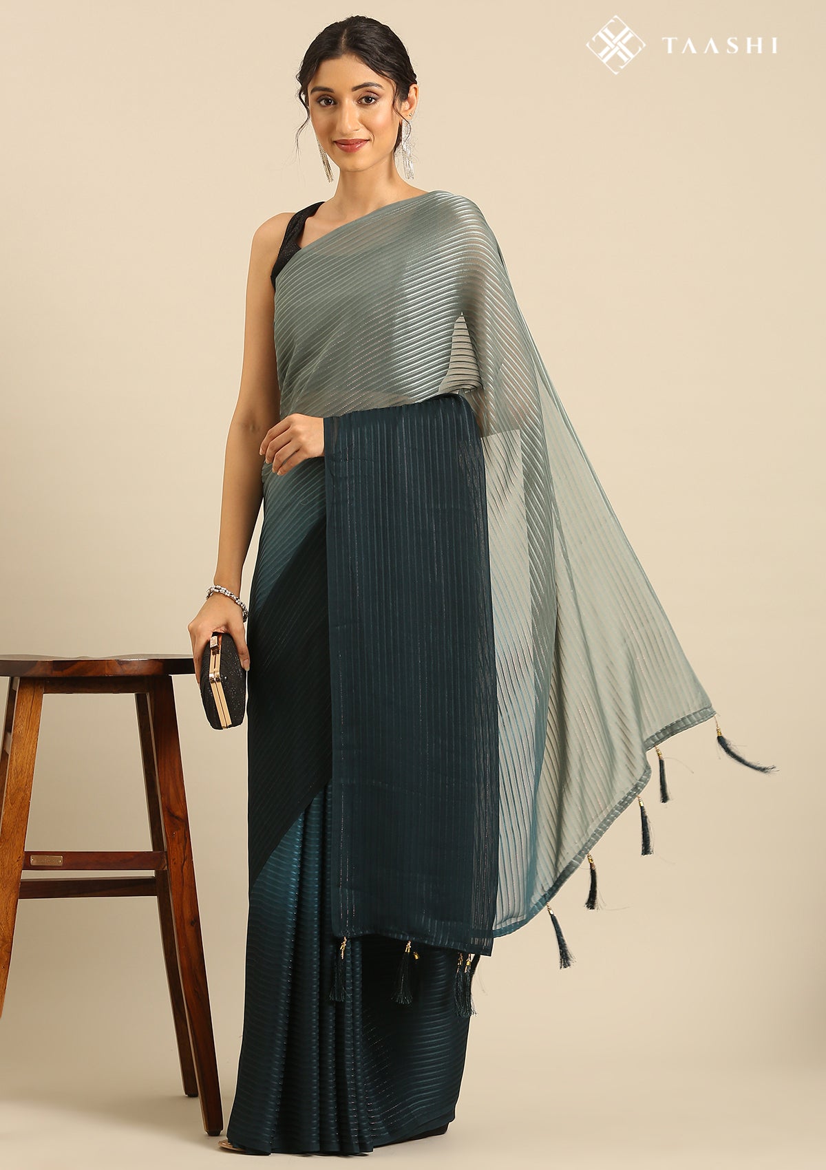 Teal Ombre Metallic Zari Striped Chiffon Saree