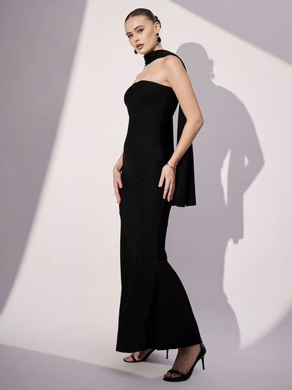 Stretchable Off Shoulder Maxi Dress With Scarf Extension