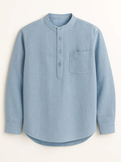 Sky Blue Linen Blend Textured Short Kurta