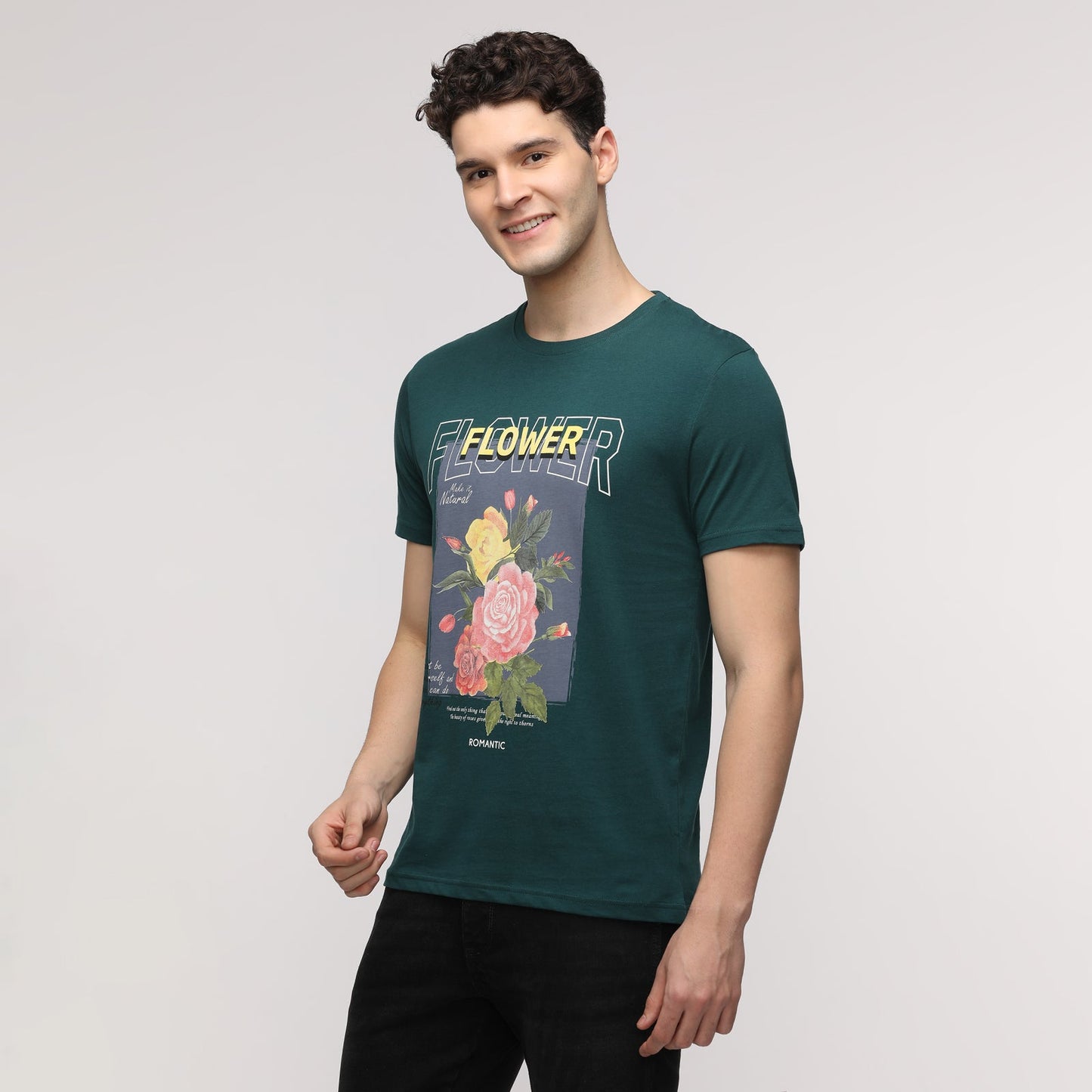 Indo Cotton Men Green Printed Crew Neck T-Shirt