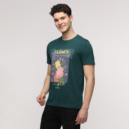 Indo Cotton Men Green Printed Crew Neck T-Shirt