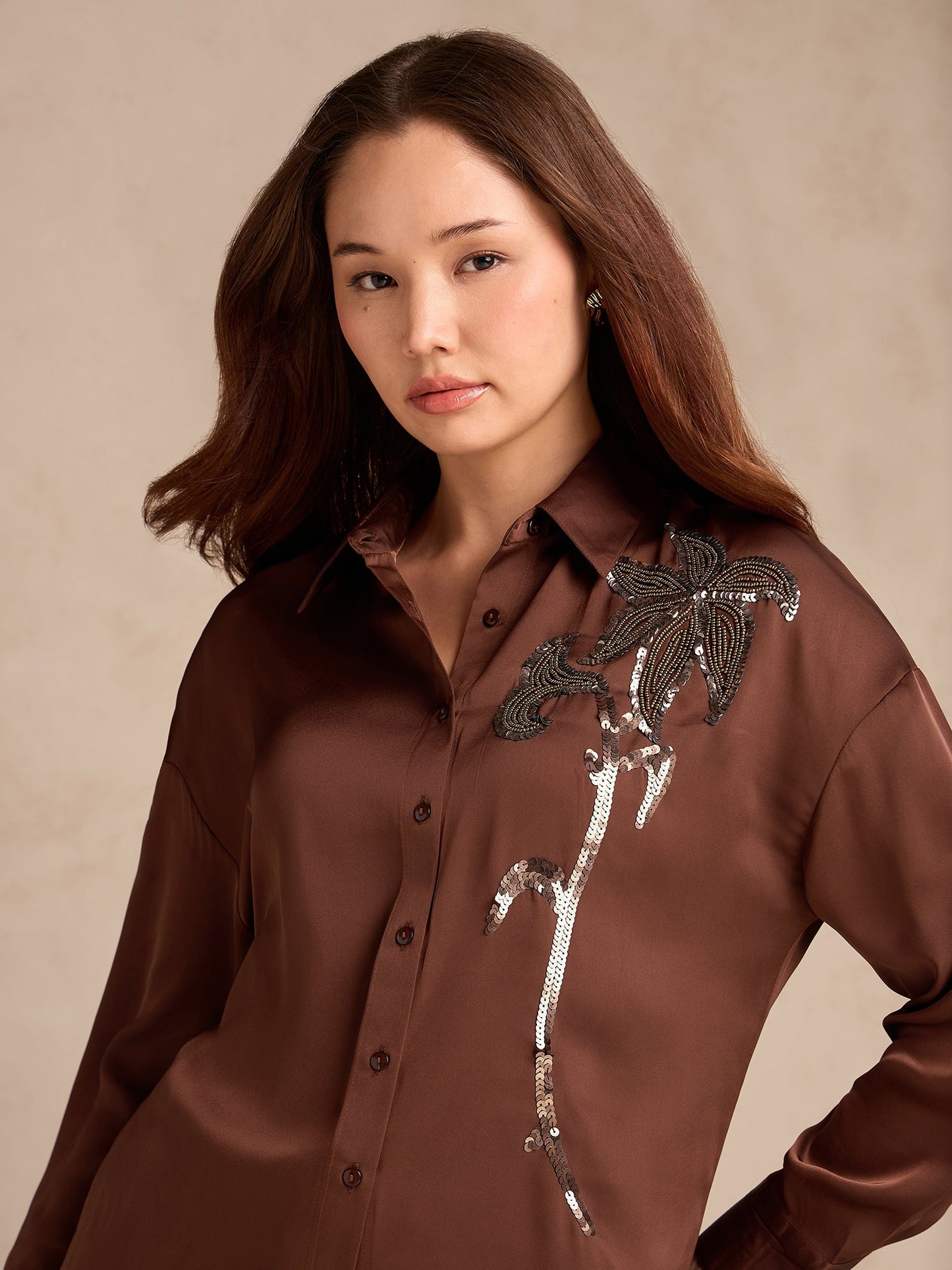 Brown Oversized Embroidered Satin Shirt
