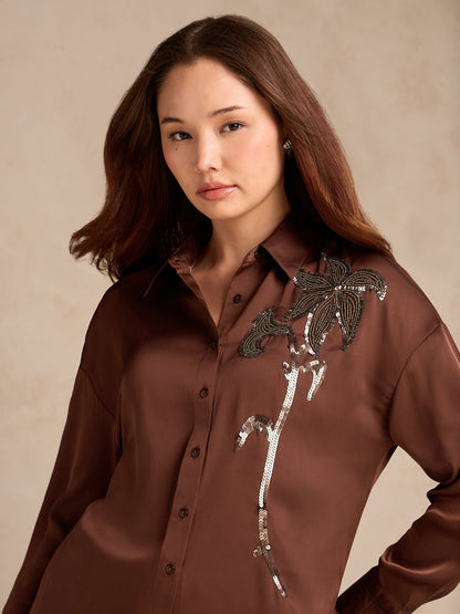 Brown Oversized Embroidered Satin Shirt
