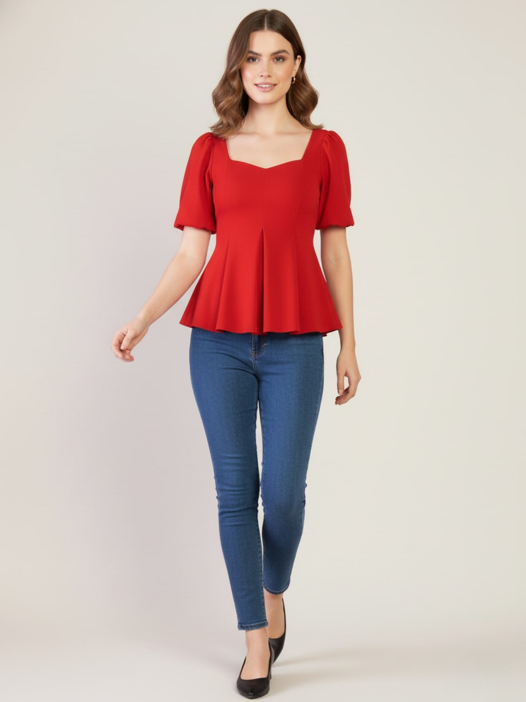 Stretchable Puff Sleeves Peplum Top