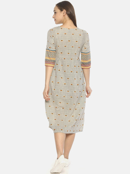 Off White Block Printed Front Open Dress