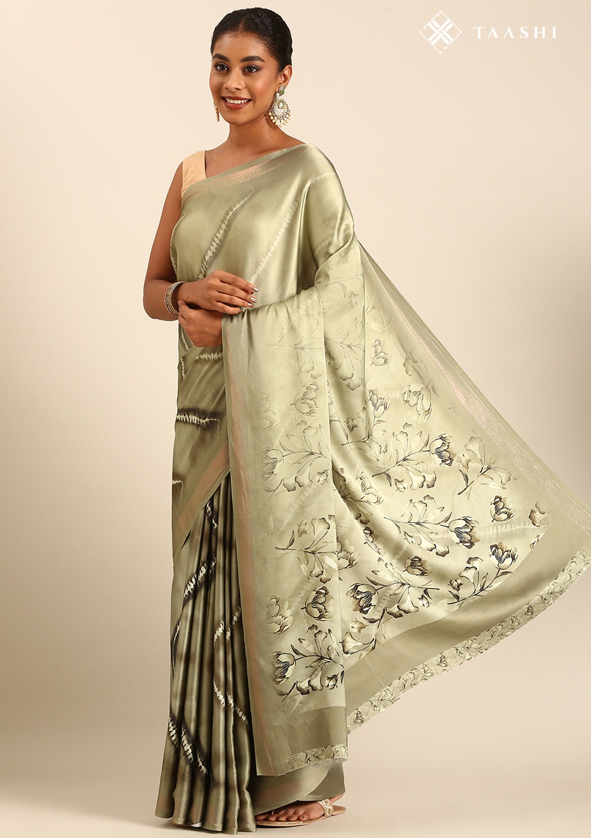 Sage Green Zigzag Leheriya Printed Satin Saree