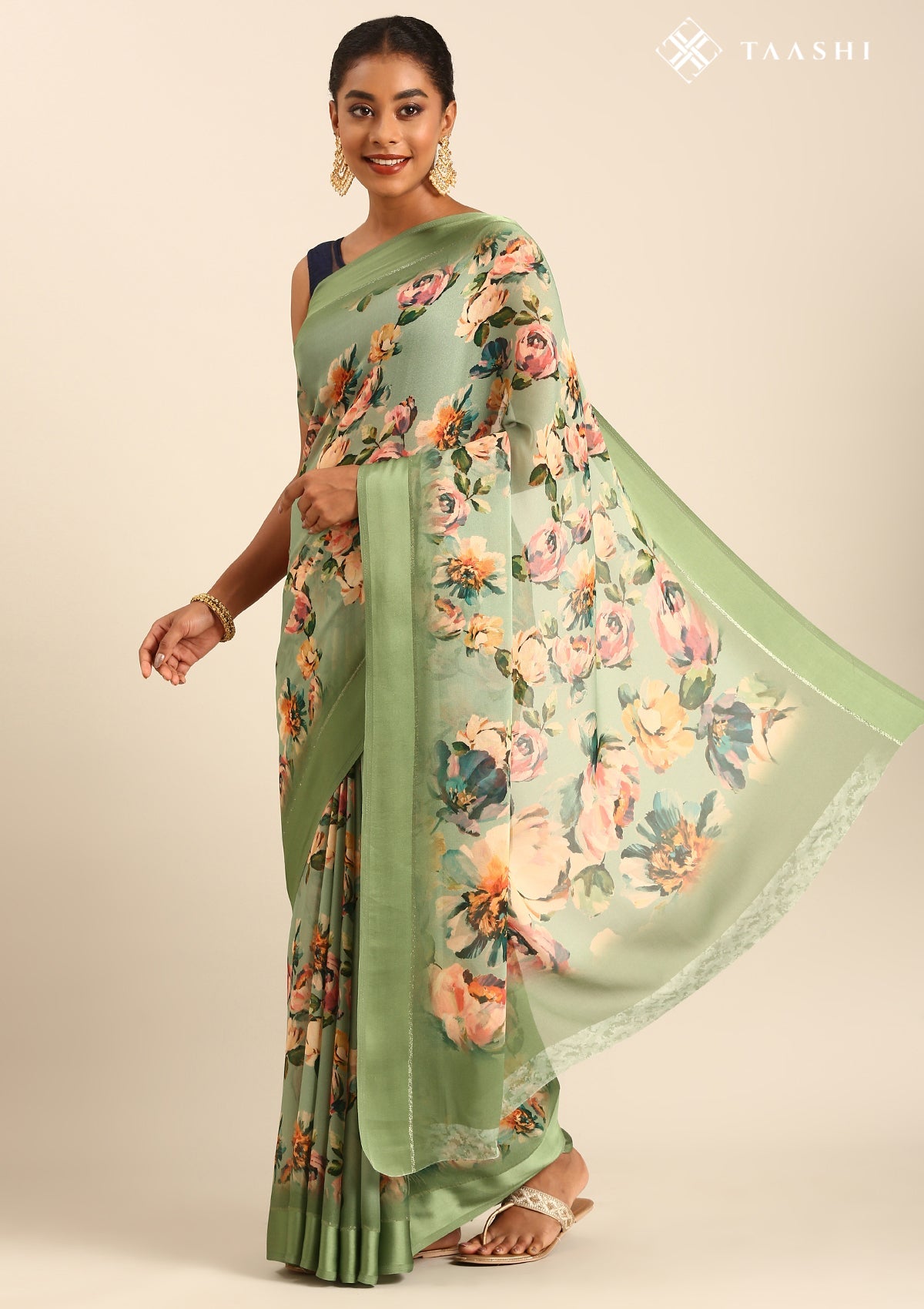 Dusty Green Floral Printed Georgette Saree