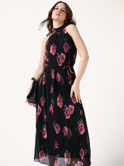 Black Halter Neck Floral Printed Dress