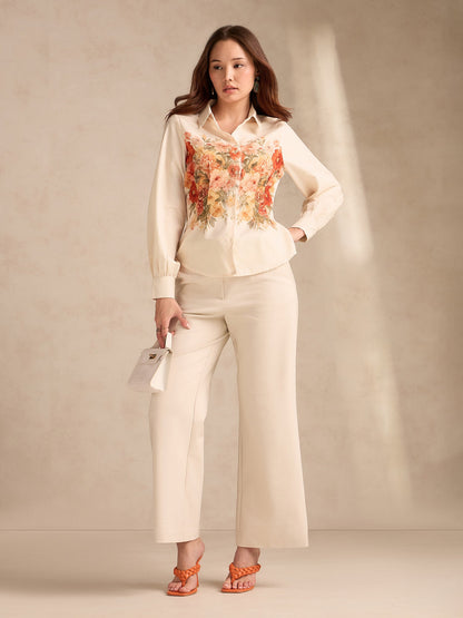 Off White Cinched Waist Printed Shirt